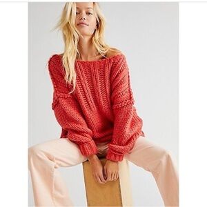 Free People Chunky Knit Oversized Sweater • Coral Rust Slouchy Pullover S
